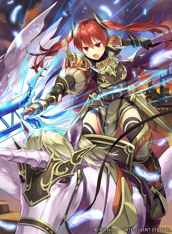 1girl action armor armored_boots black_legwear boots breastplate feathers fire fire_emblem fire_emblem:_kakusei fire_emblem_cipher full_body hmk84 lance long_hair nintendo official_art open_mouth pegasus pegasus_knight polearm red_eyes red_hair selena_(fire_emblem) solo thighhighs twintails watermark weapon zettai_ryouiki