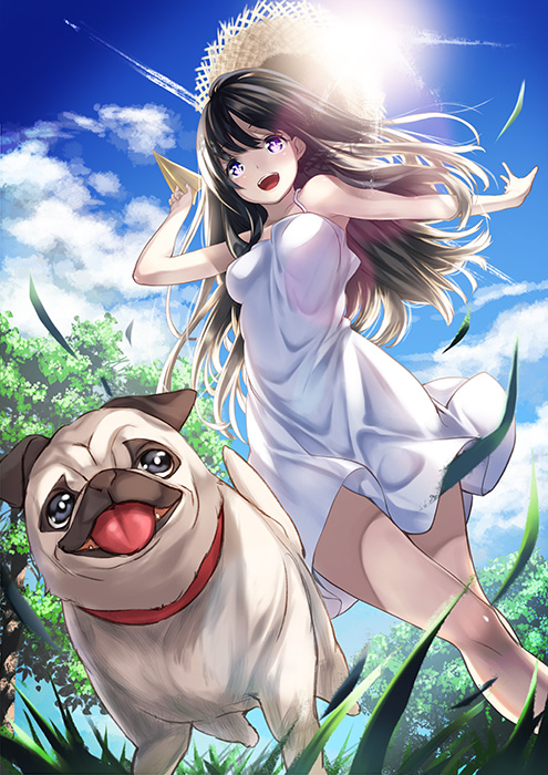 :d black_hair cloud condensation_trail day dog dress from_below grass hat kyon_(fuuran) long_hair looking_at_viewer open_mouth original paper_airplane pug purple_eyes running sky smile solo straw_hat sundress tongue tongue_out white_dress
