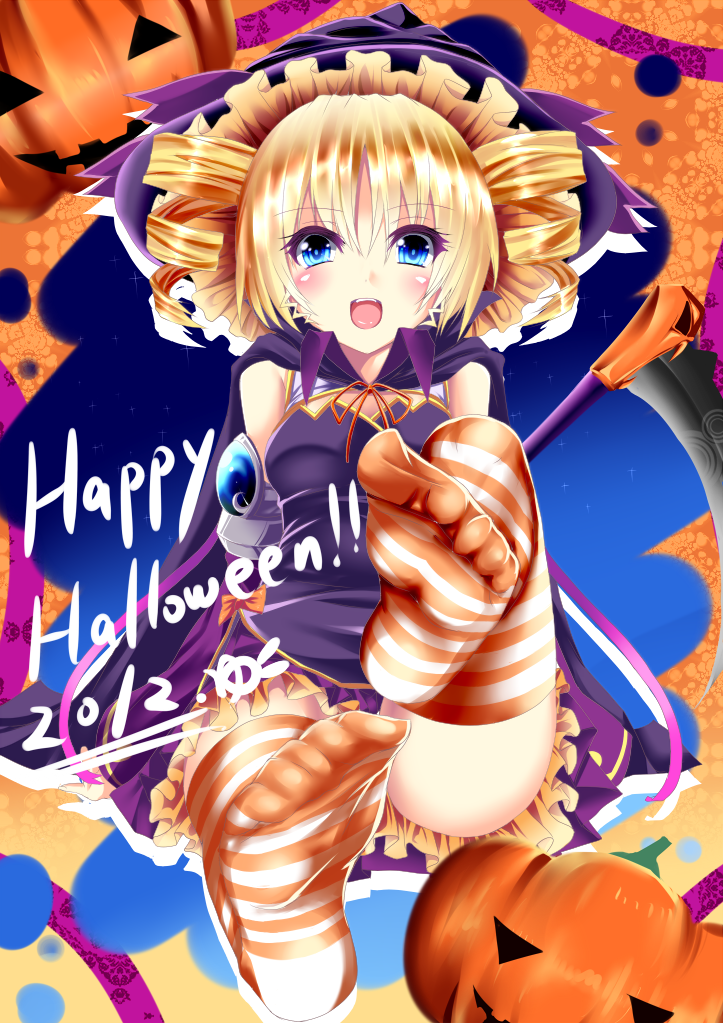 blonde_hair blue_eyes blush character_request cloak copyright_request drill_hair feet halloween happy_halloween hat jack-o'-lantern k_liss_s open_mouth orange_legwear pov_feet smile solo striped striped_legwear thighhighs twin_drills twintails witch_hat