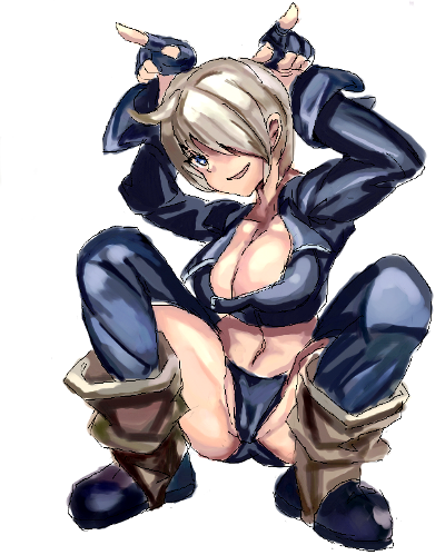 1girl angel_(kof) breasts fingerless_gloves gloves king_of_fighters large_breasts lowres simple_background snk solo squatting white_hair yatsu_(yasu7)