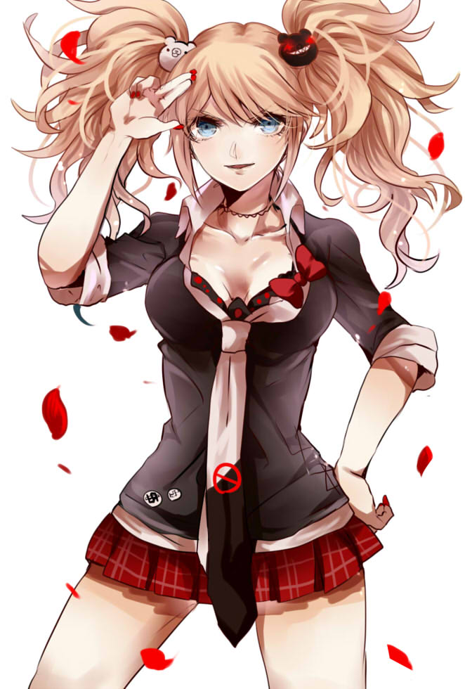 black_bra blonde_hair blue_eyes bow bra choker danganronpa danganronpa_1 enoshima_junko evil_smile hair_ornament hand_on_hip kurozatou_owata necktie petals pleated_skirt skirt sleeves_rolled_up smile solo spoilers underwear white_background