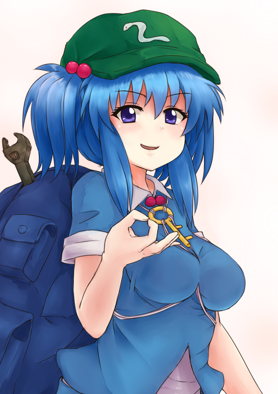 adjustable_wrench backpack bag blue_eyes blue_hair blush breasts hair_bobbles hair_ornament hat kawashiro_nitori key medium_breasts ocha_(ochappie) ok_sign short_hair sleeves_rolled_up smile solo touhou two_side_up wrench