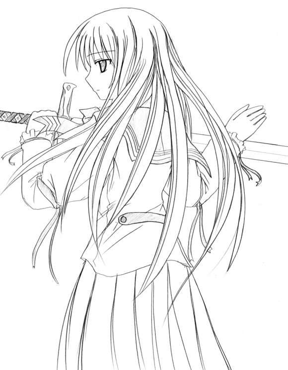 bad_id bad_pixiv_id from_behind greyscale lineart long_hair mizunashi_kenichi monochrome original school_uniform serafuku solo sword weapon