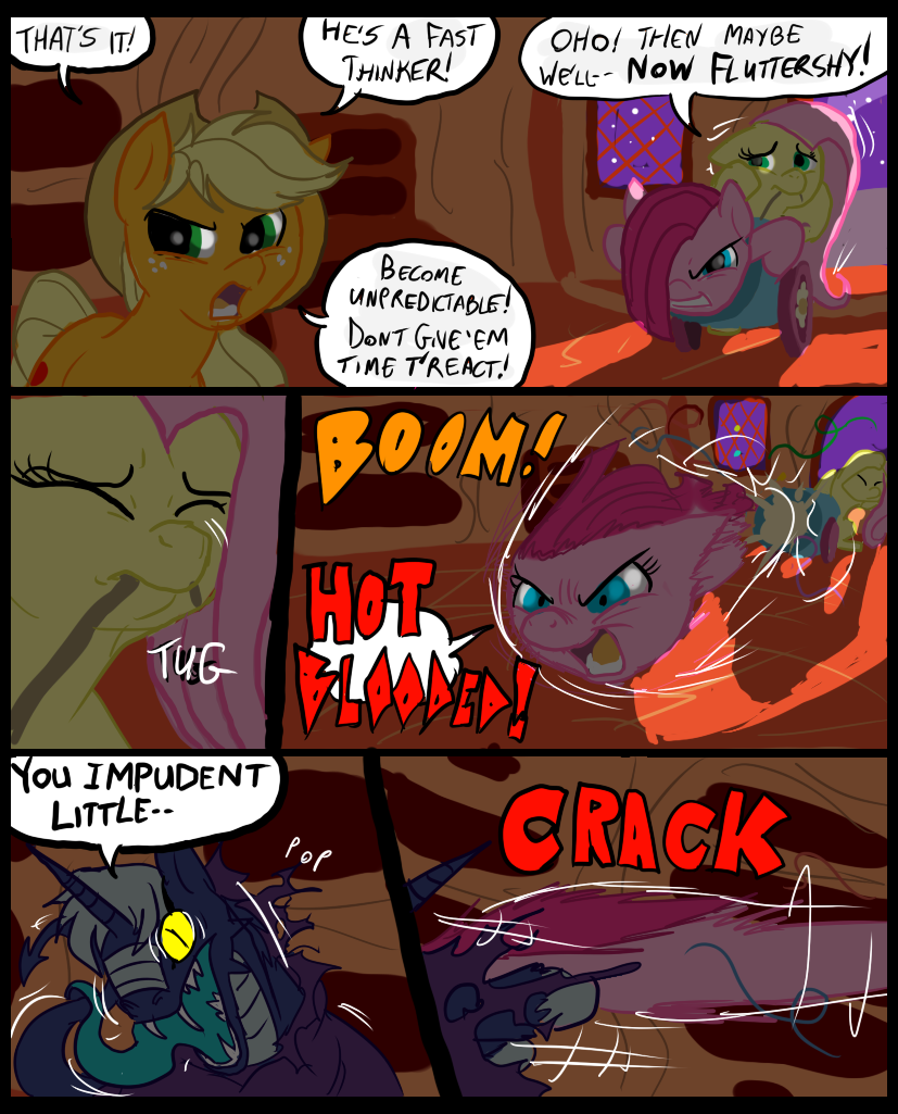 angry applejack_(mlp) blonde_hair blue_eyes comic cowboy_hat dialog english_text equine eyes female feral fight fluttershy_(mlp) freckles friendship_is_magic fur green_eyes group hair hat horn horse inside male mammal metal_(artist) my_little_pony orange_fur pegasus pink_fur pink_hair pinkamena_(mlp) pinkie_pie_(mlp) pony scalie text tongue tongue_out wings yellow_fur