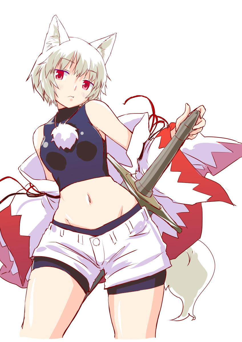 adapted_costume animal_ears bare_shoulders bike_shorts bike_shorts_under_shorts blush cl_(h-sys.) detached_sleeves highres inubashiri_momiji midriff navel no_hat no_headwear pom_pom_(clothes) red_eyes short_hair short_shorts shorts simple_background sleeveless solo sword tail touhou weapon white_background wide_sleeves wolf_ears wolf_tail