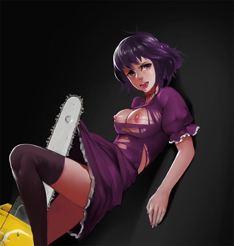 black_lagoon breasts chainsaw dress dutch_angle large_breasts lips nipples no_bra open_mouth puffy_short_sleeves puffy_sleeves purple_eyes purple_hair sawyer_the_cleaner short_hair short_sleeves solo source_request thighhighs torn_clothes torn_dress zerosabort