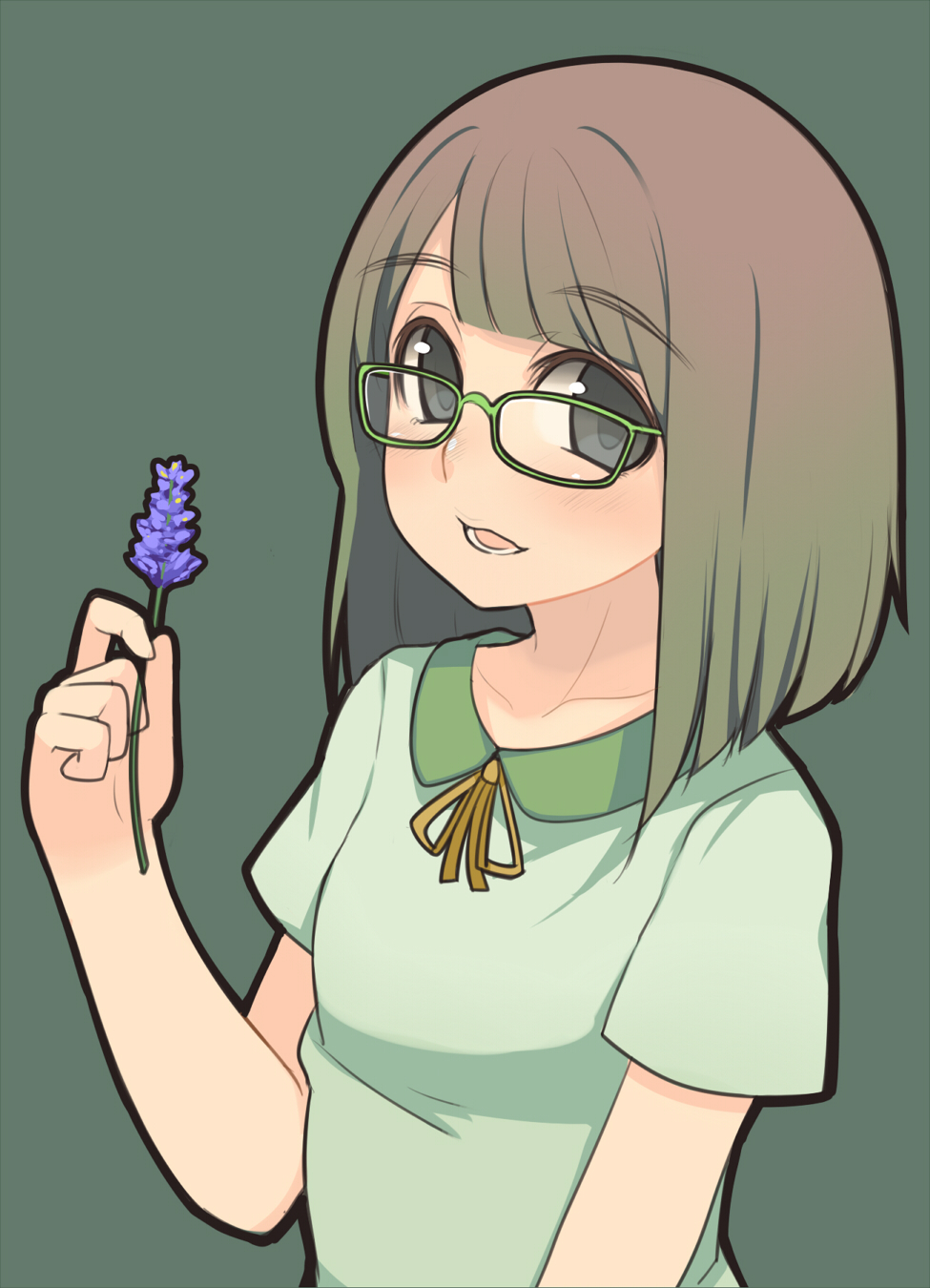 blush brown_hair flower glasses green-framed_eyewear grey_eyes highres holding holding_flower long_hair open_mouth original oza_watto simple_background smile solo