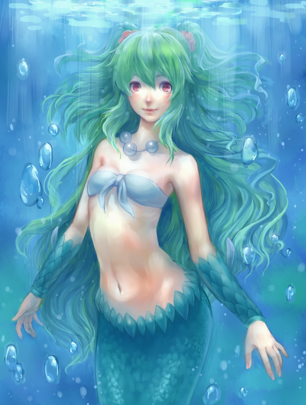 air_bubble bandeau bare_shoulders blush breasts bubble cleavage front-tie_top green_hair highres jewelry kyol-2 lips long_hair looking_at_viewer mermaid midriff monster_girl muromi-san namiuchigiwa_no_muromi-san navel necklace red_eyes scales small_breasts smile solo strapless tubetop two_side_up underwater very_long_hair