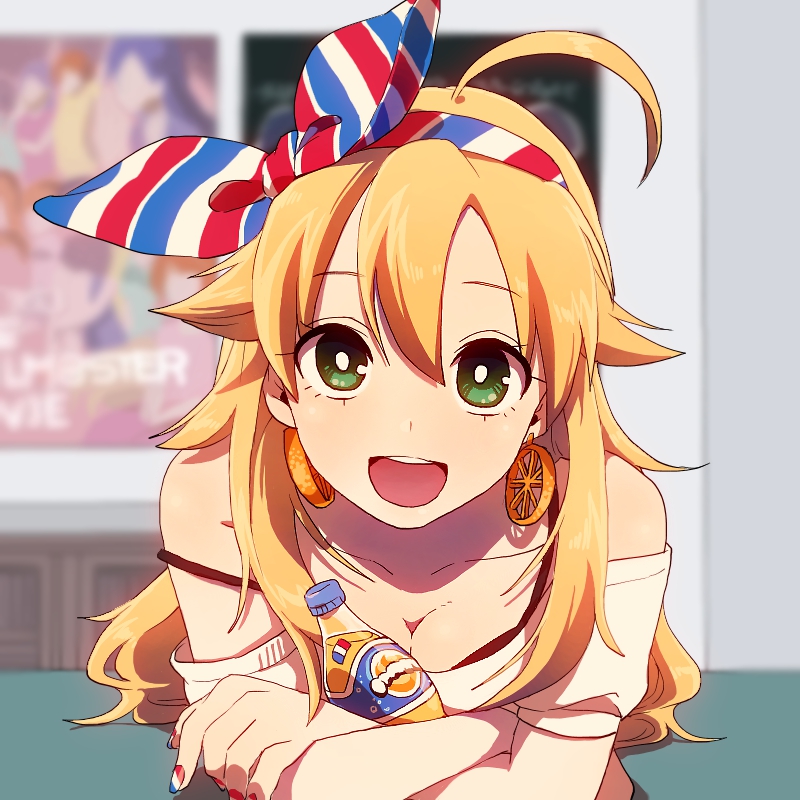 :d ahoge bare_shoulders blonde_hair blurry bottle breasts cleavage collarbone crossed_arms depth_of_field earrings fingernails french_flag green_eyes hairband hoshii_miki idolmaster idolmaster_(classic) jewelry long_hair looking_at_viewer maguro_(ma-glo) medium_breasts off_shoulder open_mouth orangina poster_(object) short_sleeves smile solo strap_slip