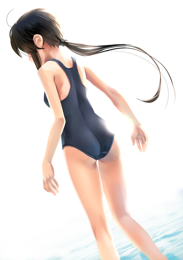 ahoge ass back black_hair katahira_masashi long_hair one-piece_swimsuit original ponytail solo swimsuit water