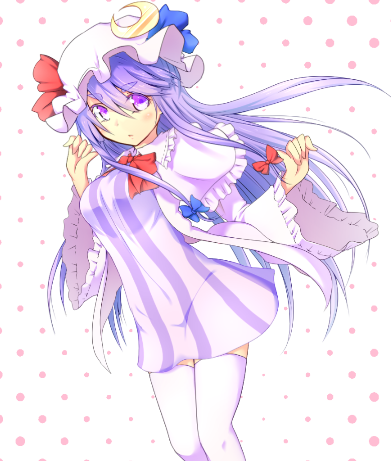 adapted_costume capelet coat crescent dress hair_ribbon halftone halftone_background hat long_hair long_sleeves looking_at_viewer nogisaka_kushio open_clothes open_coat patchouli_knowledge purple_eyes purple_hair purple_skirt ribbon skirt solo striped striped_dress thighhighs touhou tress_ribbon very_long_hair white_legwear wide_sleeves zettai_ryouiki