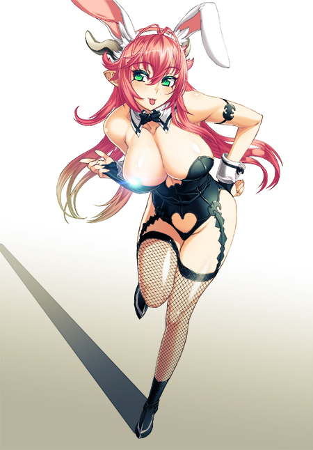 animal_ears arm_strap asmodeus_(the_seven_deadly_sins) bow bowtie breasts bunny_ears bunny_girl bunnysuit censored demon_girl demon_horns fishnet_legwear fishnets garter_straps gloves green_eyes horns large_breasts lens_flare long_hair nishii_(nitroplus) nitroplus official_art pink_hair pointy_ears shoes solo the_seven_deadly_sins thighhighs tongue tongue_out wrist_cuffs
