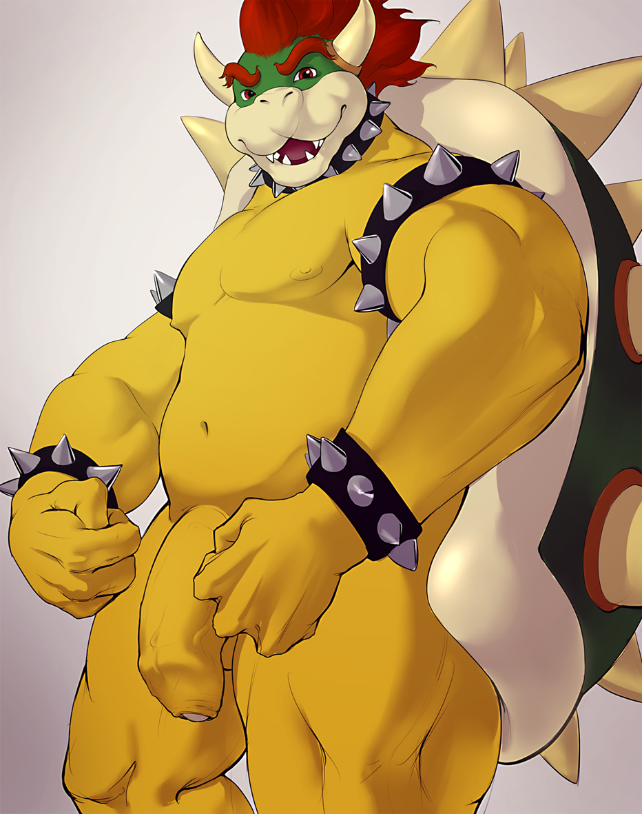 anthro armlet balls biceps big_muscles big_penis bowser bracelet claws collar darkgem eyebrows green_skin hair half-erect horn humanoid_penis jewelry koopa lizard looking_at_viewer male mario_bros muscles natural navel nintendo nipples nude open_mouth penis plain_background red_eyebrows red_eyes reptile scalie shell smile soft solo spiked_armlet spiked_bracelet spiked_collar spikes standing teeth thighs tongue turtle uncut vein video_games yellow_skin