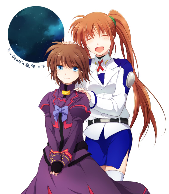 belt blue_bow blue_eyes blush bow bowtie brown_hair closed_eyes dress dress_shirt fingerless_gloves gloves hand_on_another's_head jacket long_sleeves looking_at_viewer lyrical_nanoha magical_girl mahou_shoujo_lyrical_nanoha mahou_shoujo_lyrical_nanoha_a's mahou_shoujo_lyrical_nanoha_a's_portable:_the_battle_of_aces mahou_shoujo_lyrical_nanoha_strikers material-s military military_uniform miniskirt multiple_girls open_mouth pencil_skirt ponytail purple_dress red_hair ribbon shirt side_ponytail skirt smile standing takamachi_nanoha takana thighhighs translation_request tsab_air_military_uniform uniform white_legwear white_shirt