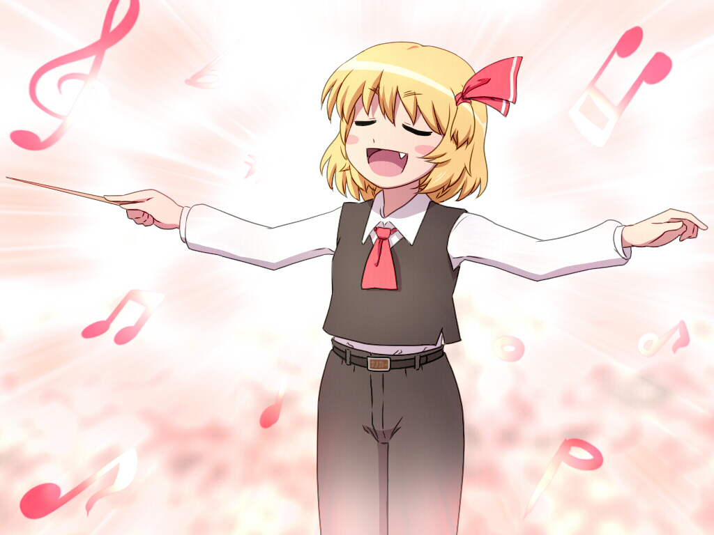 ascot blonde_hair blush_stickers closed_eyes commentary_request fang musical_note open_mouth outstretched_arms pants rumia shirosato short_hair smile solo touhou