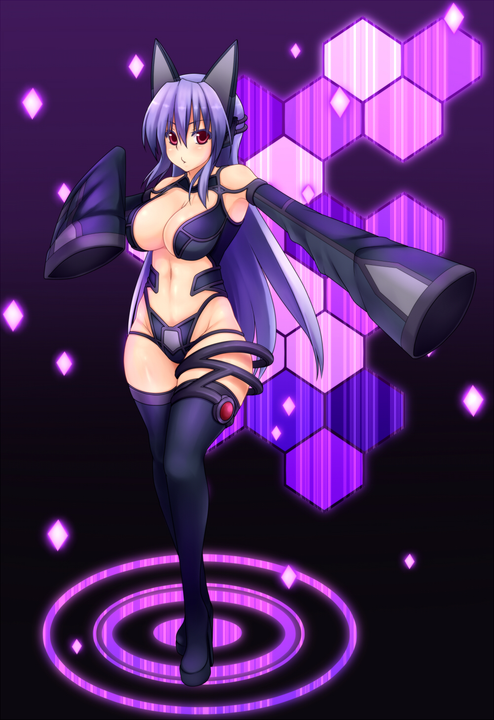 animal_ears aoinagi bare_shoulders boots breasts cat_ears cleavage detached_sleeves highres large_breasts legs long_hair long_legs navel original purple_hair purple_legwear red_eyes sleeves_past_wrists solo thigh_boots thighhighs thighs wide_hips