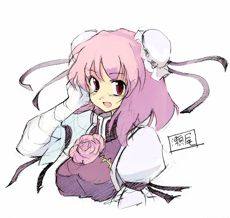 bandages breasts bun_cover double_bun hand_on_own_face ibaraki_kasen looking_at_viewer medium_breasts pink_hair puffy_sleeves red_eyes seo_tatsuya short_hair simple_background sketch smile solo touhou upper_body white_background