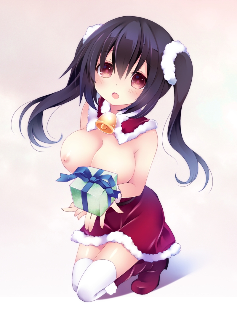 bad_id bad_pixiv_id bell bell_collar black_hair blush boots breasts collar detached_collar gift kanora kneeling large_breasts nipples open_mouth original red_eyes santa_costume solo thighhighs twintails white_legwear