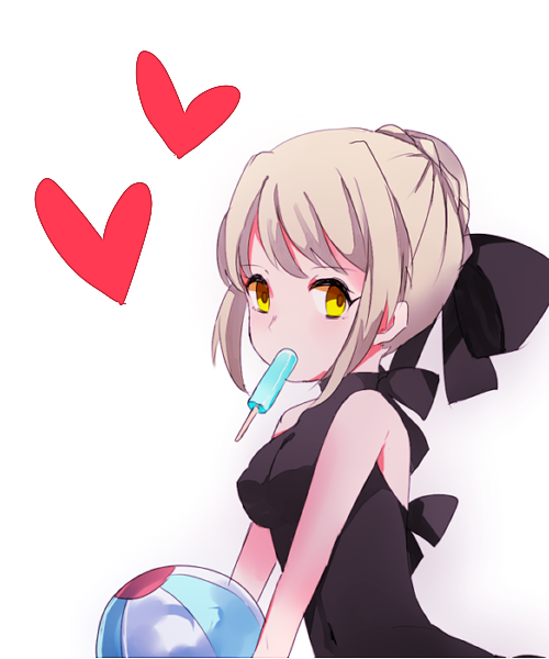 artoria_pendragon_(all) bad_id bad_pixiv_id ball beachball bikini fate/stay_night fate_(series) food mouth_hold one-piece_swimsuit popsicle saber_alter solo surumeider swimsuit white_hair yellow_eyes