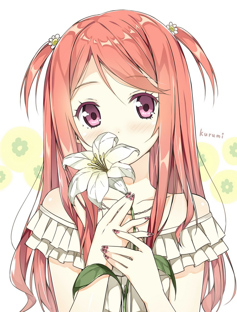bare_shoulders blush borrowed_character character_name colorized covering_mouth flower frills hair_ornament holding holding_flower jewelry kurumi_(kantoku) leaf lily_(flower) long_hair looking_at_viewer nail_art nail_polish necklace original pink_eyes red_hair sky_(freedom) solo two_side_up