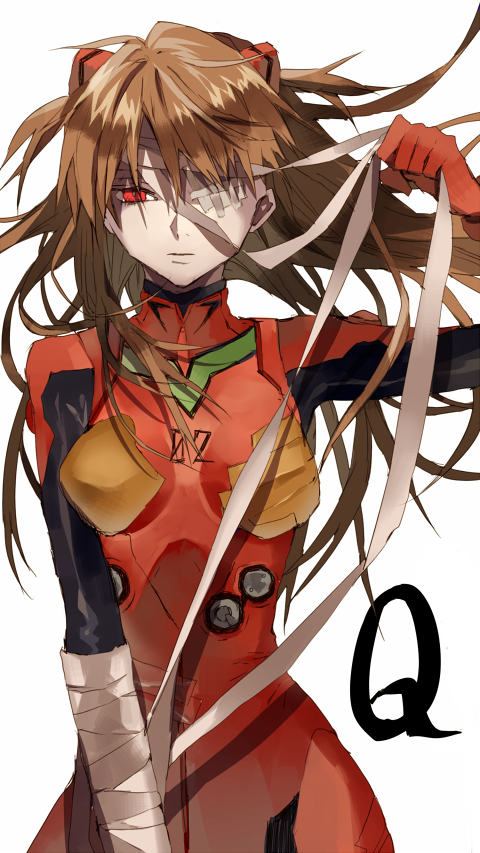 :| bandage_over_one_eye bandaged_arm bandaged_head bandages bangs bodysuit bracer brown_hair closed_mouth copyright_name cowboy_shot evangelion:_3.0_you_can_(not)_redo expressionless eyepatch floating_hair gloves hair_between_eyes hair_ornament half-closed_eye hand_up headgear hips holding long_hair looking_at_viewer neon_genesis_evangelion number parted_bangs pilot_suit plugsuit rebuild_of_evangelion red_eyes shikinami_asuka_langley simple_background skinny solo souryuu_asuka_langley tape tsukioka_tsukiho turtleneck two_side_up white_background