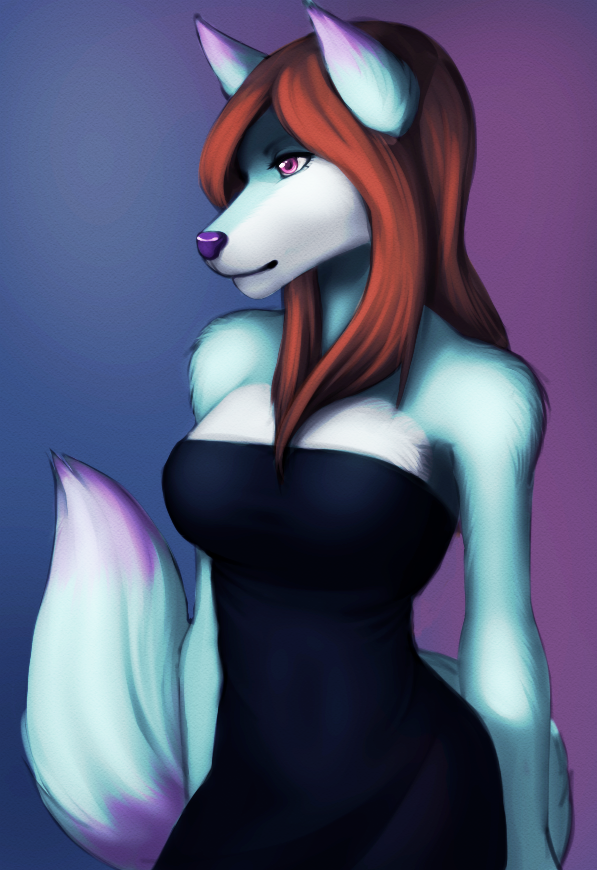big_breasts breasts brown_hair canine clothing crecia dress female hair long_hair mammal pink_eyes porin purple_nose seductive solo tight_clothing wolf