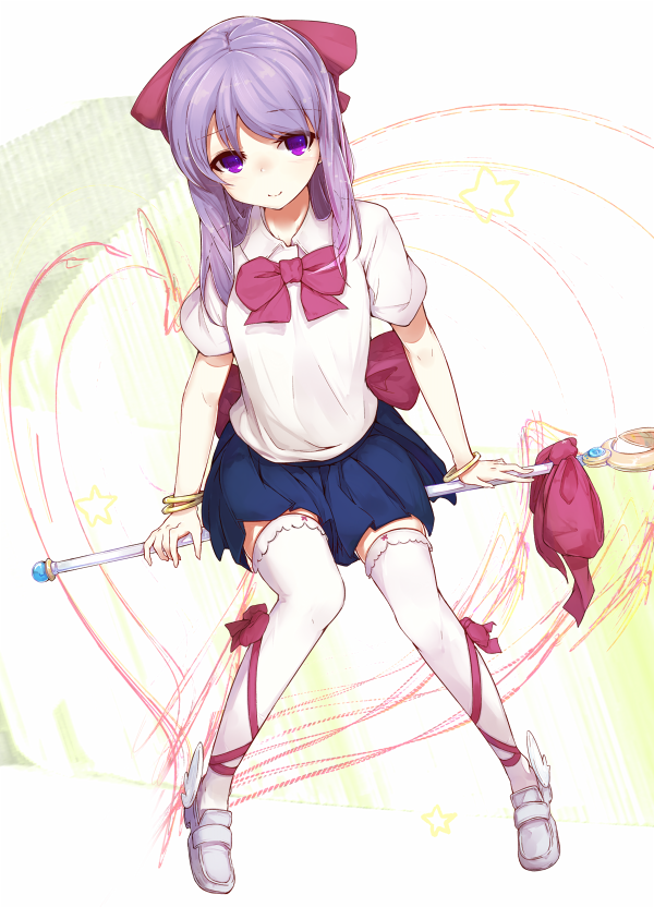 aira_sari ankle_lace-up blush bow bowtie bracelet cross-laced_footwear hair_bow himematsu_school_uniform jewelry large_bow loafers long_hair looking_at_viewer magical_girl miniskirt pleated_skirt purple_eyes purple_hair saki school_uniform shirt shoes sitting skirt smile solo suehara_kyouko thighhighs wand white_legwear white_shirt