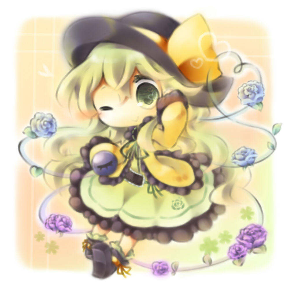 ;&gt; ankle_socks blouse blue_flower blue_rose blurry chibi flower green_eyes green_hair hand_in_hair hat hat_ribbon heart heart_of_string komeiji_koishi looking_at_viewer one_eye_closed orange_background purple_flower purple_rose ribbon rose short_hair simple_background skirt sleeves_past_wrists smile solo striped striped_background third_eye touhou yasiro