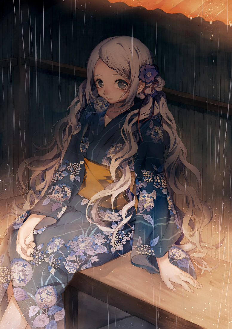 bad_id bad_pixiv_id bench blue_eyes braid floral_print flower hydrangea japanese_clothes kimono long_hair original outdoors rain sitting smile solo tsukioka_tsukiho