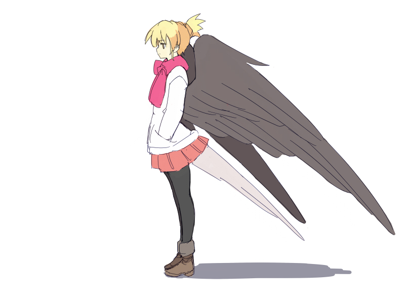 bird_tail blonde_hair copyright_request hands_in_pockets pantyhose profile seo_tatsuya short_hair simple_background skirt solo white_background