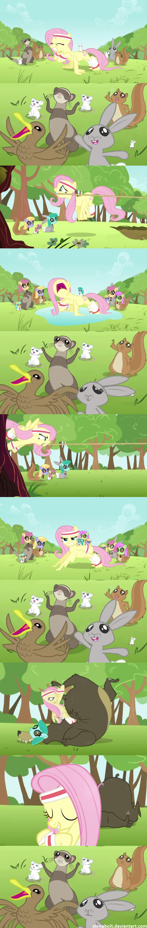 avian awkward bear blue_eyes cloud comic cutie_mark duck equine female feral fluttershy_(mlp) flying friendship_is_magic grass group hair headband horse lagomorph mammal mask mouse mustelid my_little_pony outside pegasus pink_hair pony rabbit rodent rope sky squirrel stonebolt sweat tree weasel wings