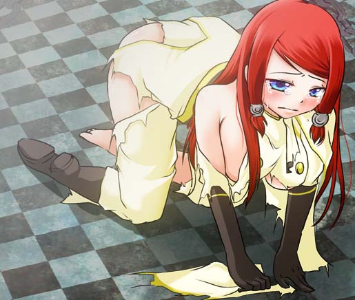 1girl all_fours applepieyui arc_system_works ass blazblue blazblue:_continuum_shift blue_eyes breasts checkered checkered_floor defeated floor gloves hair_tubes hanging_breasts long_hair red_hair sad tears torn_clothes tsubaki_yayoi