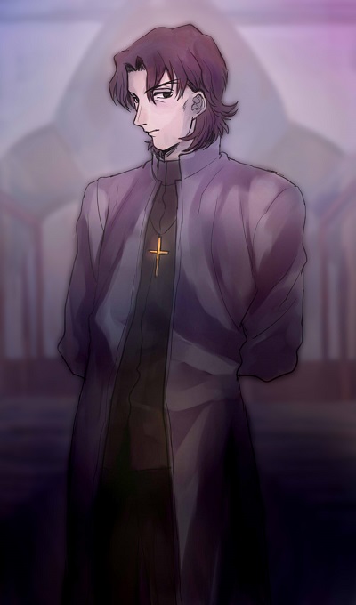 brown_eyes brown_hair cassock church cross cross_necklace fate/stay_night fate_(series) heta1201 jewelry kotomine_kirei male_focus necklace shadow solo