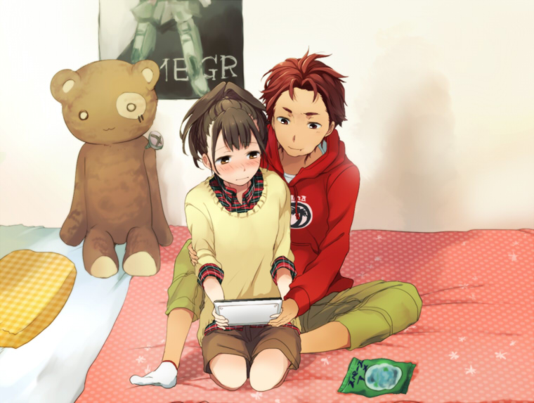 1girl bed blush brown_eyes brown_hair embarrassed hood hoodie hug hug_from_behind long_sleeves pants ponytail robotics;notes seiza senomiya_akiho short_hair shorts sitting socks stuffed_animal stuffed_toy sweater tablet_pc takana teddy_bear white_legwear yashio_kaito