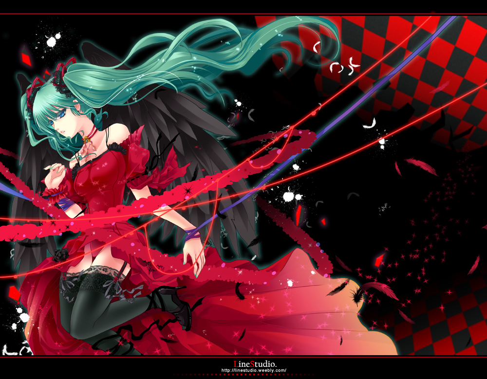 aqua_eyes choker dress feathers garter_straps green_hair hatsune_miku high_heels lace lace-trimmed_thighhighs linelin long_hair nail_polish shoes solo thighhighs very_long_hair vocaloid wings