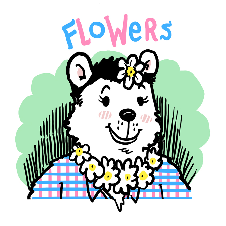 bear black_hair blush clothing eyelashes flower flowers_(character) hair looking_at_viewer mammal marcothecat polar_bear shirt smile solo