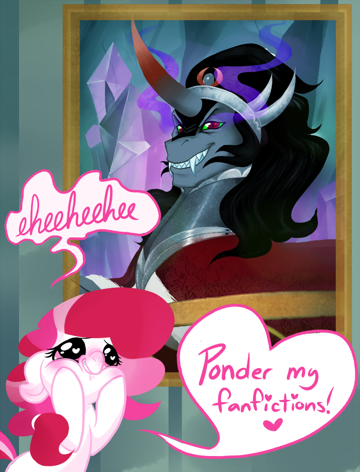 blush dialog duo english_text equine eye_mist fangs female feral friendship_is_magic fur grin hair horn horse invalid_tag king_sombra_(mlp) male mammal my_little_pony painting pink_hair pinkie_pie_(mlp) plumsweet pony portrait text two_tone_hair unicorn white_fur
