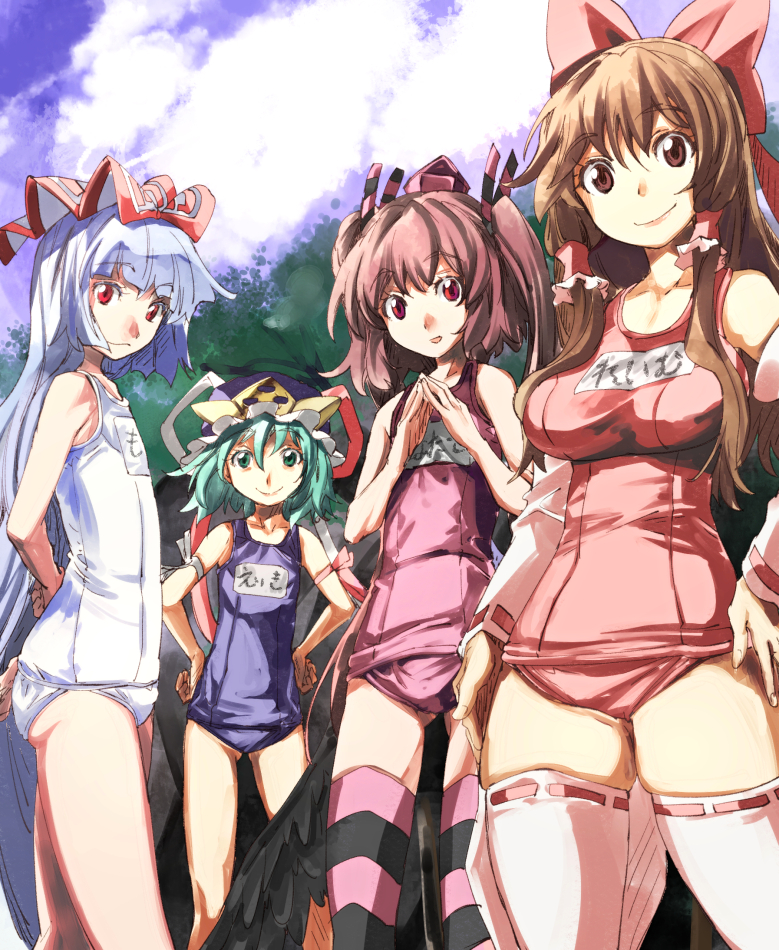 alternate_color_school_swimsuit bow breasts brown_eyes brown_hair detached_sleeves flat_chest fujiwara_no_mokou green_eyes green_hair hair_bow hair_ribbon hair_tubes hakurei_reimu hands_on_hips hat himekaidou_hatate long_hair looking_at_viewer medium_breasts multiple_girls name_tag odd_one_out one-piece_swimsuit pink_eyes pink_legwear pink_swimsuit red_eyes red_swimsuit ribbon school_swimsuit shiki_eiki short_hair silver_hair smile striped striped_legwear swimsuit thighhighs tokin_hat touhou twintails white_school_swimsuit white_swimsuit yohane