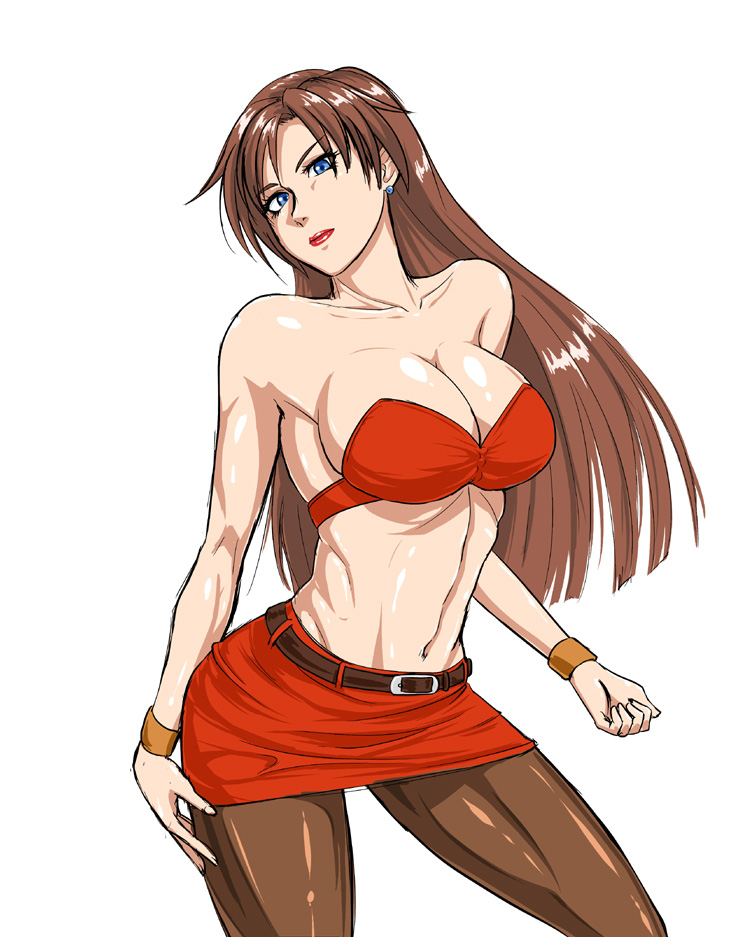 bare_knuckle bare_shoulders blaze_fielding blue_eyes bra breasts brown_hair cleavage earrings jewelry large_breasts lipstick long_hair makeup midriff miniskirt ml navel pantyhose skirt solo strapless strapless_bra toned underwear wristband