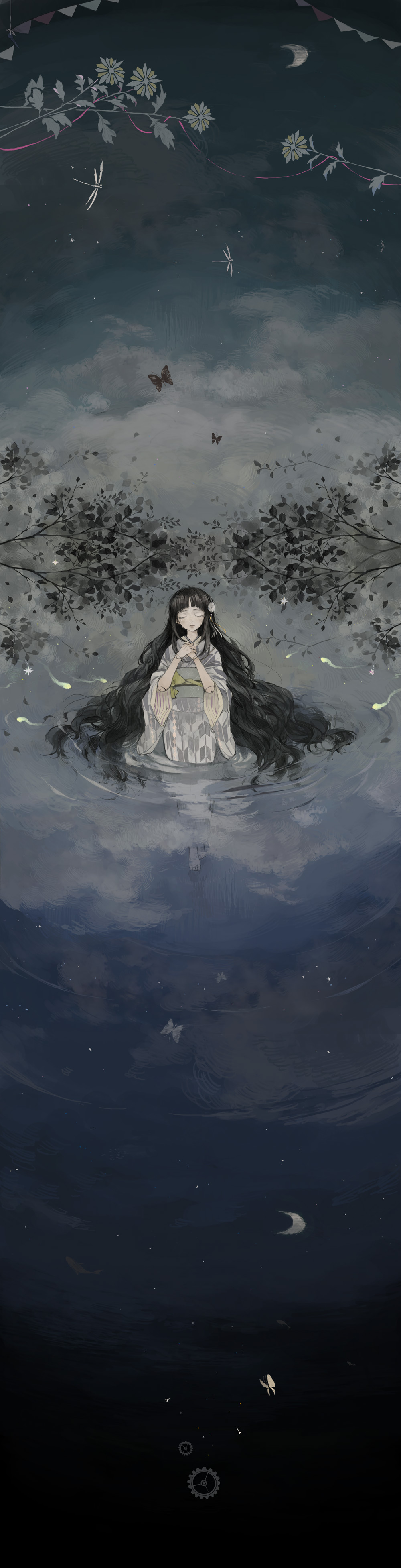 absurdres bad_id bad_pixiv_id barefoot black_hair bug butterfly closed_eyes crying doll_joints dragonfly flower gears hair_flower hair_ornament highres insect japanese_clothes kimono leaf long_hair moon nekosuke_(oxo) night night_sky original reflection sky solo star_(sky) tears tree_branch wading walking water