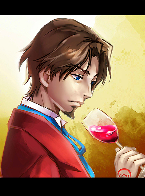 alcohol bad_id bad_pixiv_id blue_eyes brown_hair command_spell cup drinking_glass facial_hair fate/zero fate_(series) formal goatee maccyman male_focus solo suit toosaka_tokiomi wine wine_glass