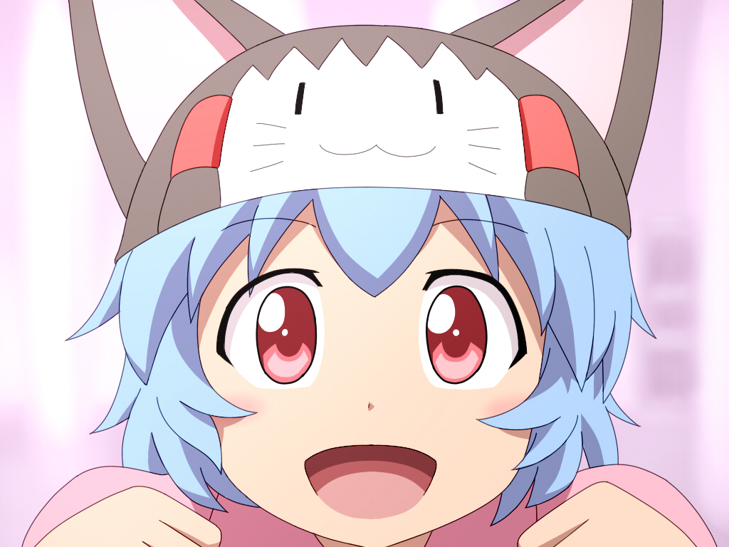 animal_hood blue_hair cat_hood commentary_request hood open_mouth red_eyes remilia_scarlet shirosato short_hair smile solo touhou