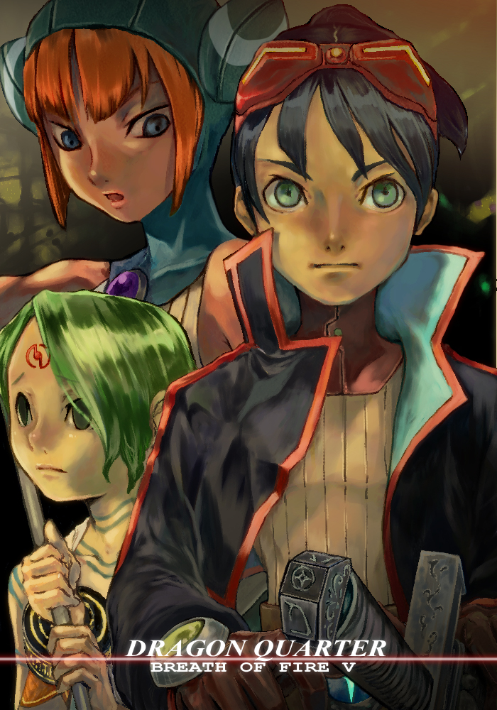 2girls animal_ears belt black_hair blue_eyes bracelet breath_of_fire breath_of_fire_v cat cat_ears dress gloves goggles green_eyes green_hair hair_over_one_eye handle hat hilt jacket jewelry lin_(breath_of_fire) looking_at_viewer male_focus multiple_girls nekotawawa nightgown nina_(breath_of_fire_v) orange_hair ponytail red_wings ryuu_(breath_of_fire_v) see-through short_hair simple_background staff sweater sword tattoo torn_clothes weapon wings