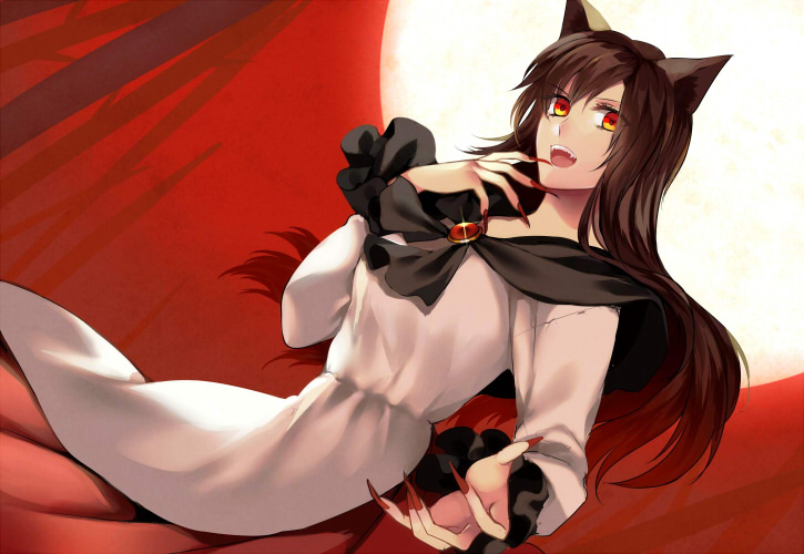 animal_ears bad_id bad_pixiv_id brooch brown_hair fangs fingernails full_moon imaizumi_kagerou jewelry long_fingernails long_hair long_sleeves looking_at_viewer moon nail_polish open_mouth orange_eyes outstretched_arm outstretched_hand red_nails shiba_0 shirt skirt smile solo tail touhou very_long_hair wide_sleeves wolf_ears wolf_tail