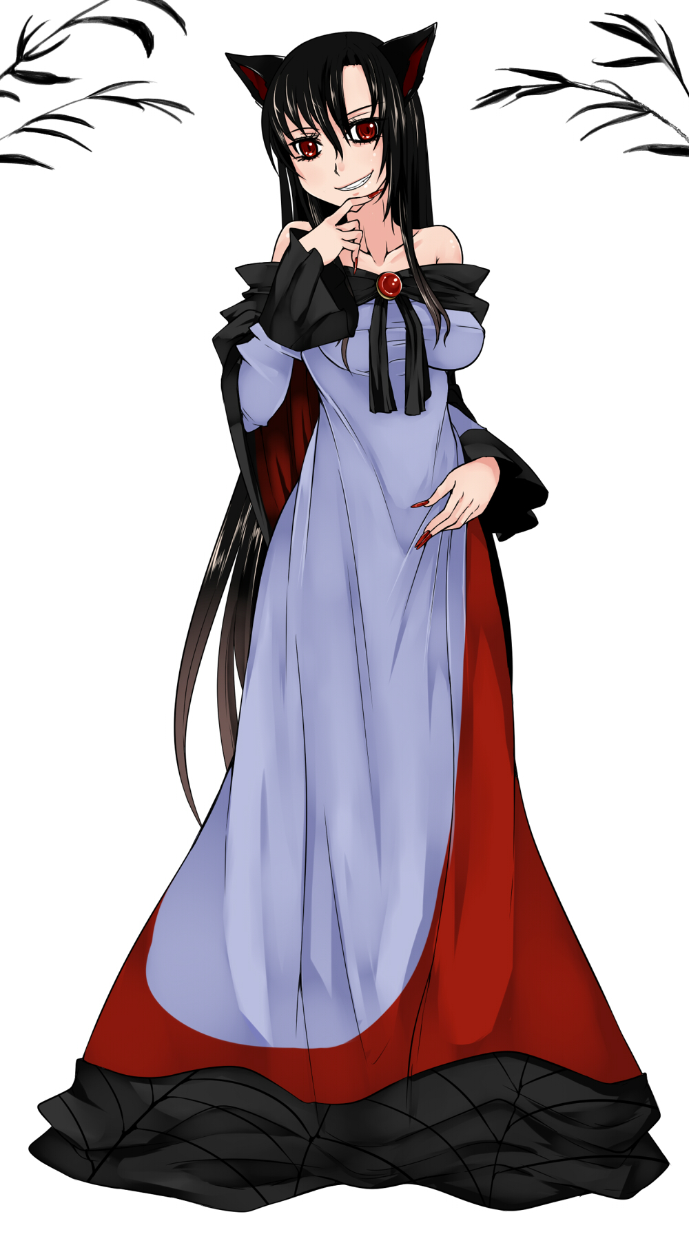 animal_ears aoshima bare_shoulders black_hair breasts dress finger_to_chin fingernails grin highres imaizumi_kagerou large_breasts long_dress long_hair looking_at_viewer nail_polish red_eyes sharp_fingernails smile solo touhou very_long_hair wolf_ears
