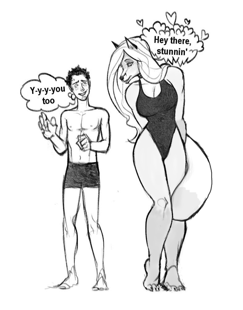anthro breasts canine collar duo edit female fox hair human invalid_tag long_hair male mammal shy size_difference sketch standing swimsuit tall