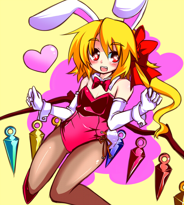 animal_ears blonde_hair bow bowtie brown_legwear bunny_ears bunny_tail bunnysuit crystal detached_collar elbow_gloves fake_animal_ears fangs fishnet_pantyhose fishnets flandre_scarlet gin_(shioyude) gloves heart leotard open_mouth pantyhose red_eyes red_leotard ribbon short_hair side_ponytail smile solo tail touhou white_gloves wings wrist_cuffs