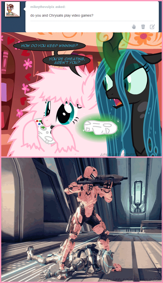 assault_rifle changeling english_text equine female feral fluffle_puff friendship_is_magic green_eyes halo_(franchise) halo_(series) horn horse mammal microsoft mixermike622 my_little_pony pony queen_chrysalis_(mlp) tea_bagging text tumblr video_games xbox xbox_360