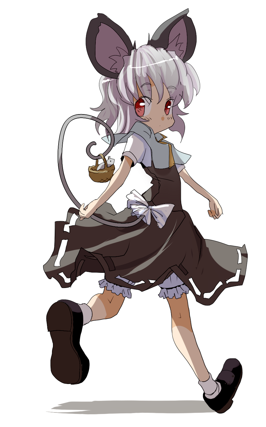 animal_ears basket bloomers capelet dress grey_dress highres ishikkoro looking_at_viewer mouse mouse_ears mouse_tail nazrin red_eyes shirt short_sleeves silver_hair simple_background solo tail touhou underwear walking white_background