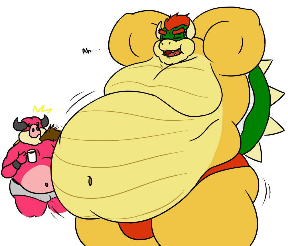 anthro armpits bald beige_skin belly_overhang biceps boar bowser bulge chubby clothed clothing coffee cup dialog dragon english_text erection eyes_closed gay hair half-dressed half_nude horn hyper_obese japanese koopa luigiman male mammal man_boobs mario_and_luigi:_bowser's_inside_story mario_and_luigi_(series) mario_bros midbus morbidly_obese muscles navel nintendo o3o open_mouth overweight penis pink_nose pink_skin plain_background porcine raised_arm red_hair red_skin reptile saliva scalie shell shocked short_hair size_difference skin speedo spikes standing swimsuit text tongue turtle underwear unknown_artist video_games white_background yellow_skin